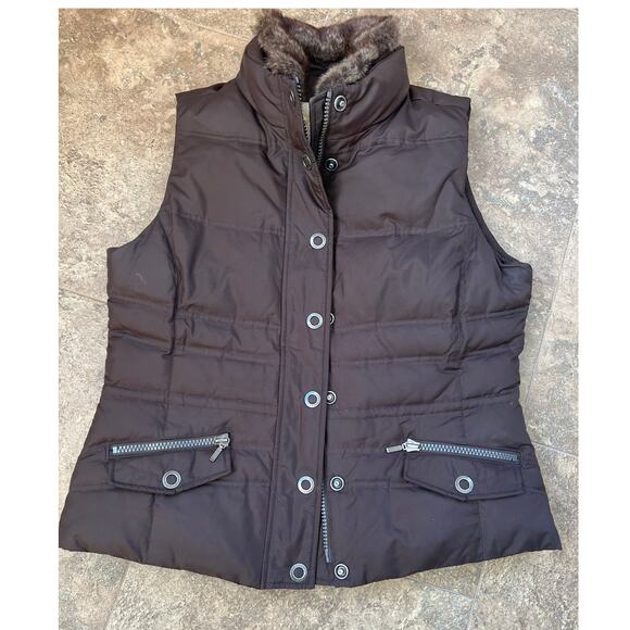 Eddie Bauer Goose Down detachable faux fur collar Puffer vest, brown, women's L - Picture 1 of 10